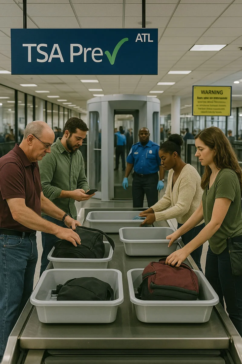 TSA control area, passenger leaving pertences in the cases before accrossing X rays