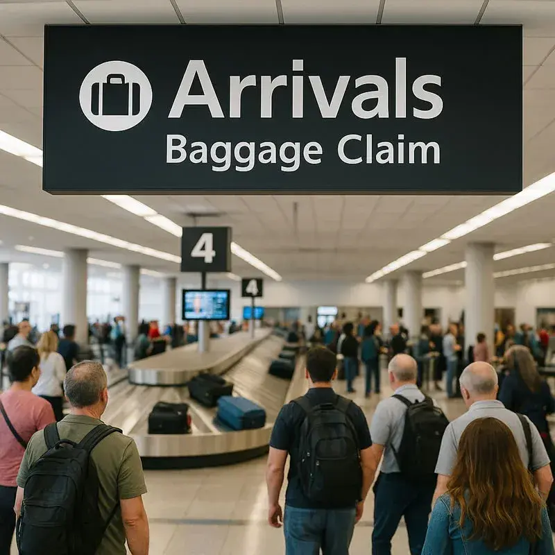 Baggage claim area with passengers waiting in belt 4 for their checked baggage