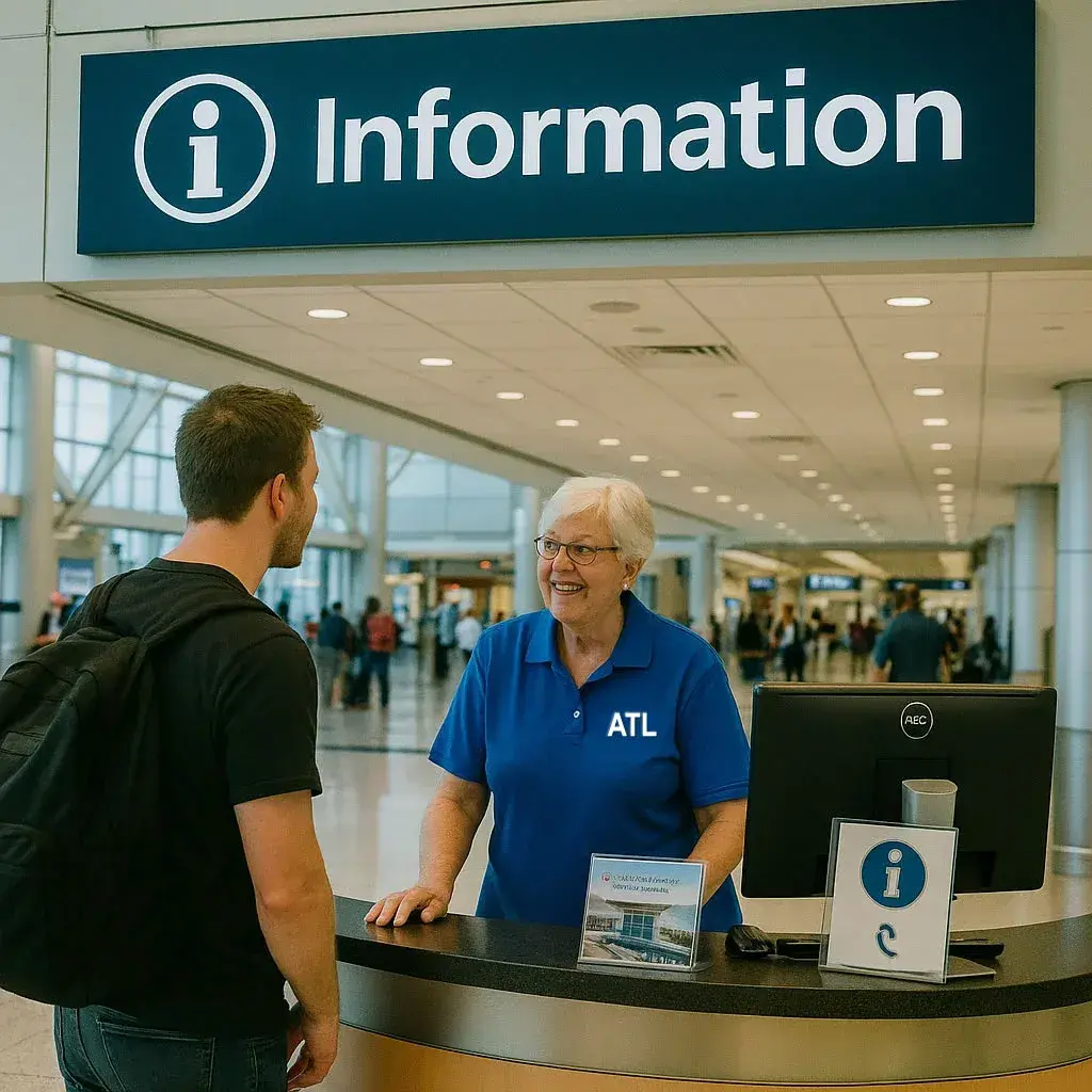 Information desk with a passenger and a volunteer